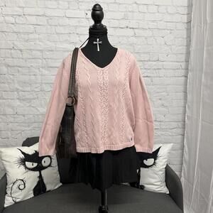 Vintage Modea Marine pink cable knit V neck sweater size petite XXL 100% cotton